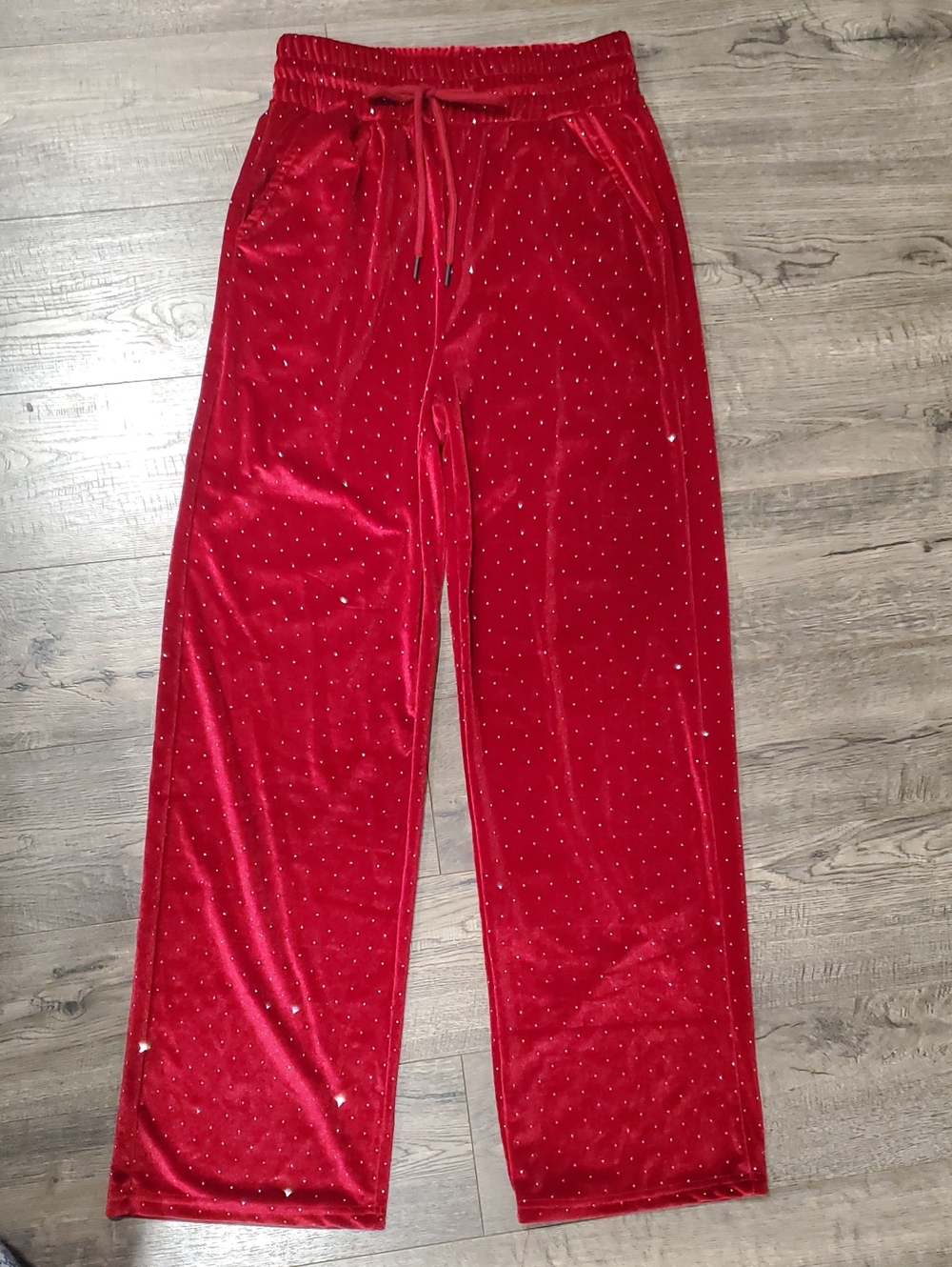 Red Velvet Wide-Leg Lounge Pants with Drawstring - Picture 1 of 7